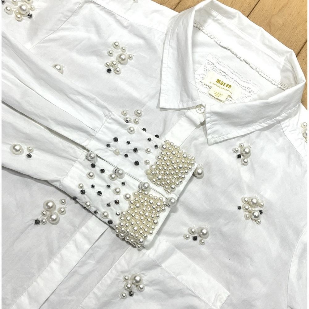 Maeve Bennett Buttondown Pearl Embellished Shirt Size L White Relaxed Tailoring
